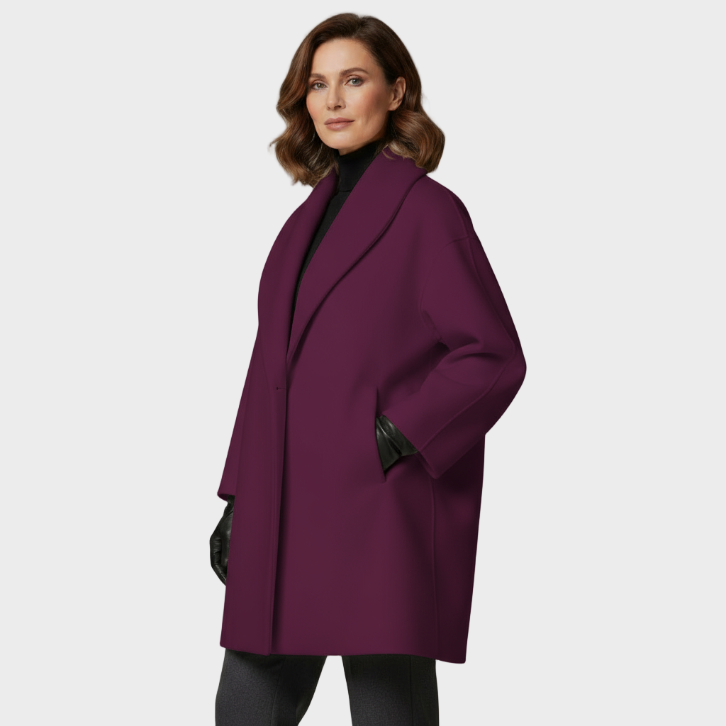 Violet tailored overcoat with notched lapel, long sleeves, button-front closure