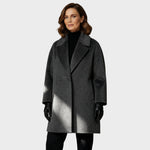 Dark gray wool coat with notch lapel, single-button front, side flap pockets, mid-thigh length