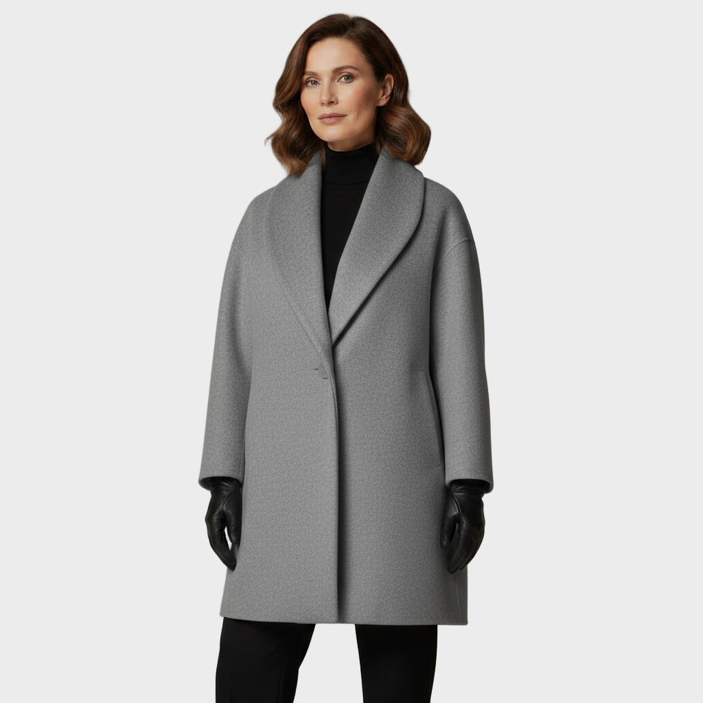 Gray tailored overcoat with notched lapel, long sleeves, button-front closure