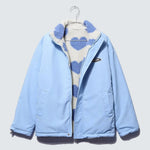 Light blue reversible winter jacket with heart-pattern fleece lining and full front zip