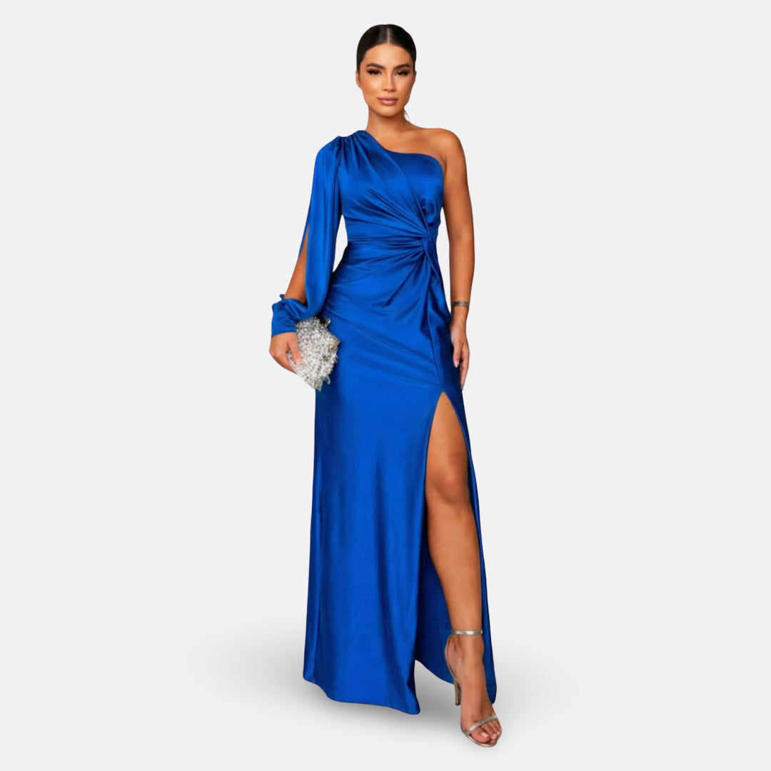 Blue one-shoulder maxi dress with draped sleeve and side slit, ruched waist