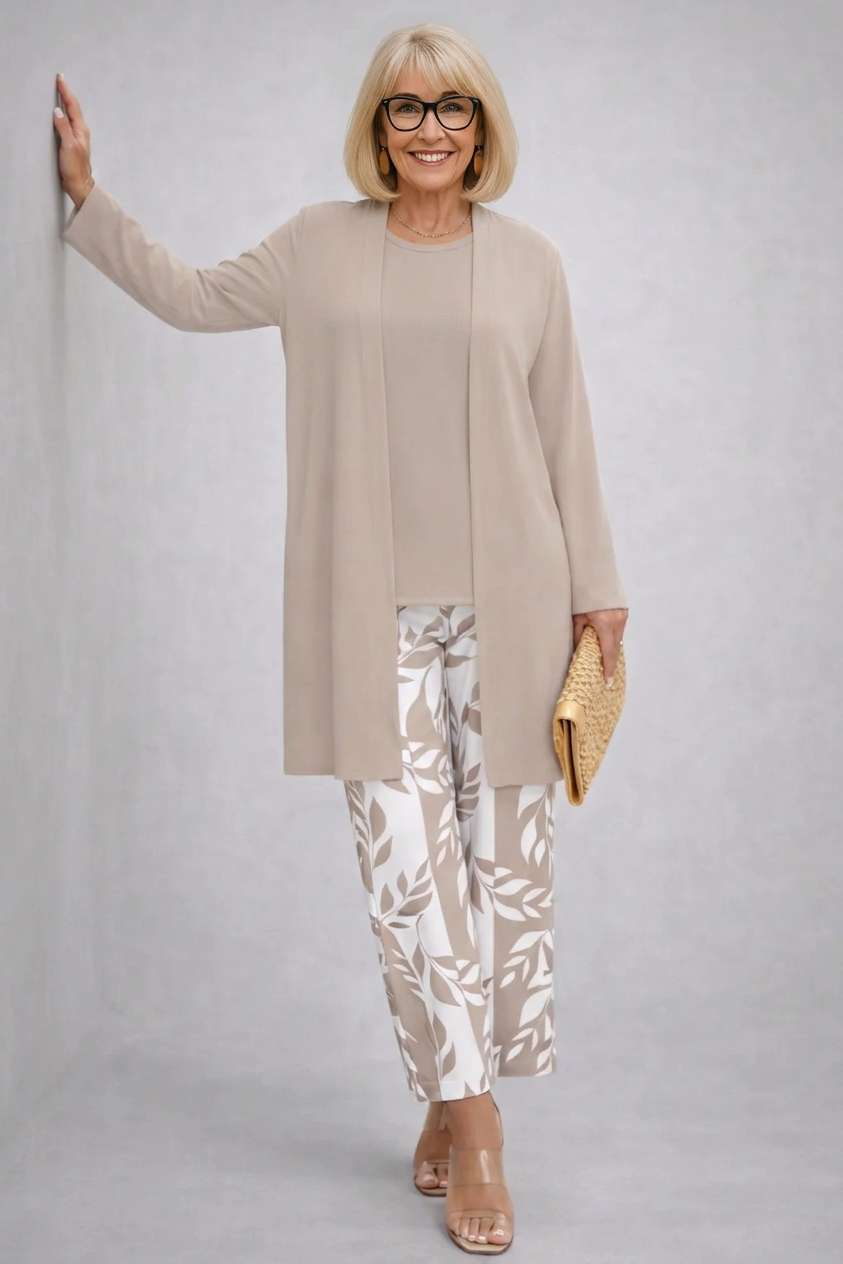 Erynn 3-piece set: beige long-sleeve tunic and leaf-print pants