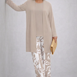 Erynn 3-piece set: beige long-sleeve tunic and leaf-print pants