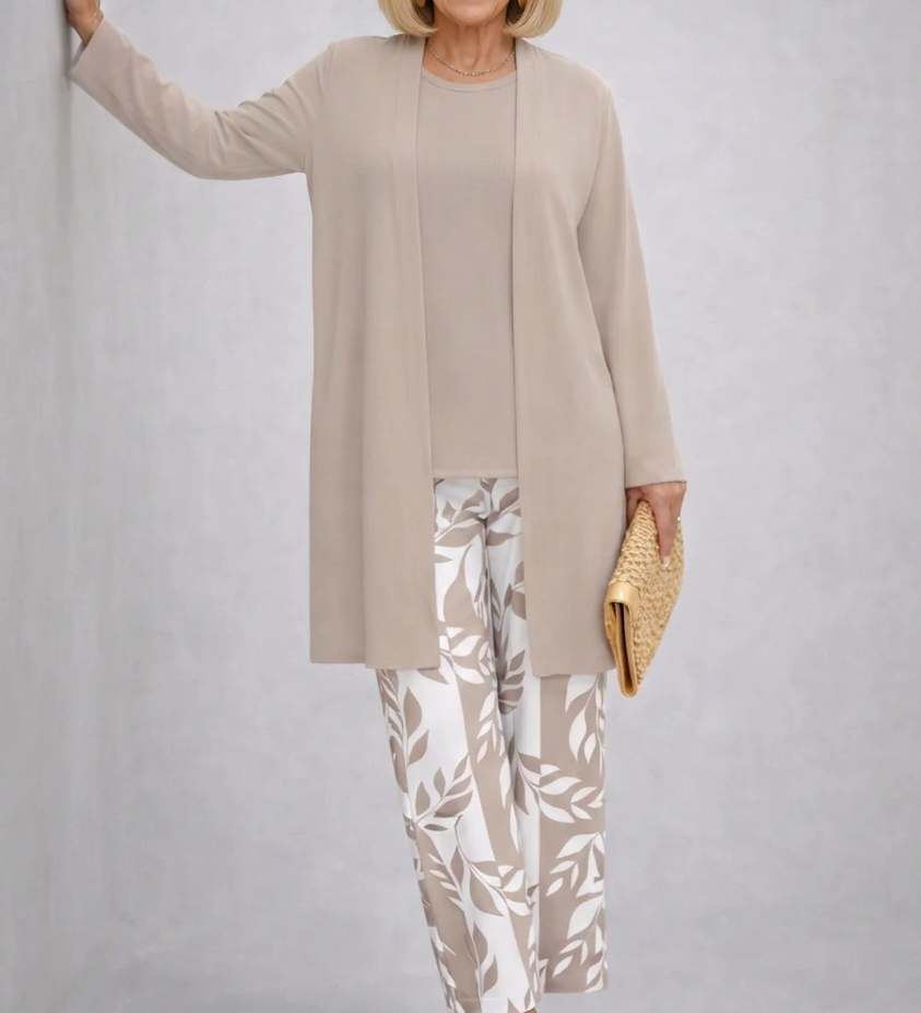Erynn 3-piece set: beige long-sleeve tunic and leaf-print pants