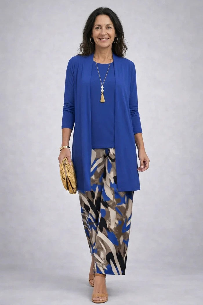 3-piece outfit set in royal blue: cardigan, top, and abstract patterned maxi pants