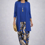 3-piece outfit set in royal blue: cardigan, top, and abstract patterned maxi pants