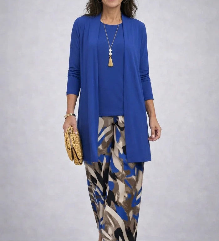 3-piece outfit set in royal blue: cardigan, top, and abstract patterned maxi pants