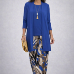 Fleurette three-piece set: blue long cardigan over abstract-print pants and top