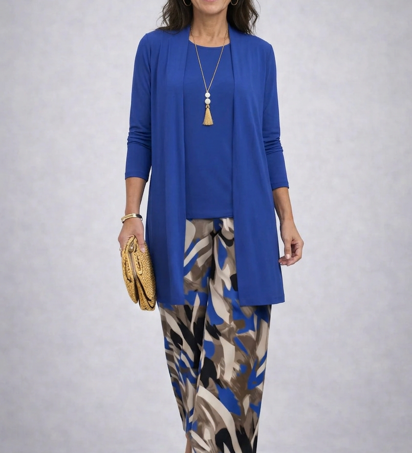 Fleurette three-piece set: blue long cardigan over abstract-print pants and top