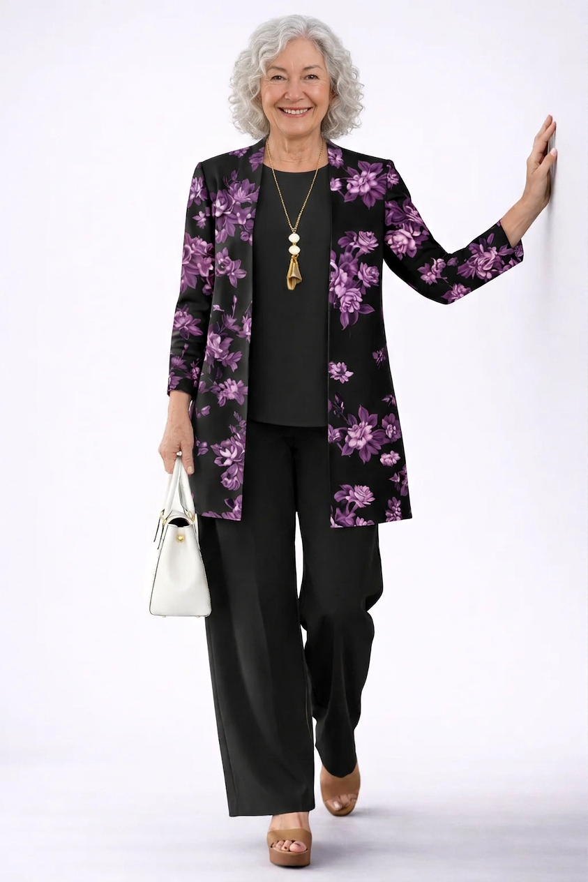 Helia 3-piece set: black floral cardigan, black pants, long necklace