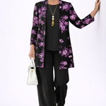 Helia 3-piece set: black floral cardigan, black pants, long necklace