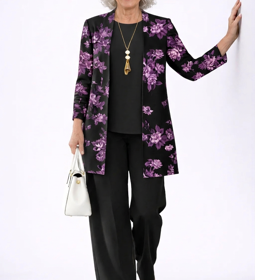 Helia 3-piece set: black floral cardigan, black pants, long necklace