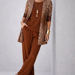 3-piece outfit set in warm brown: sequined jacket, blouse, and relaxed straight pants