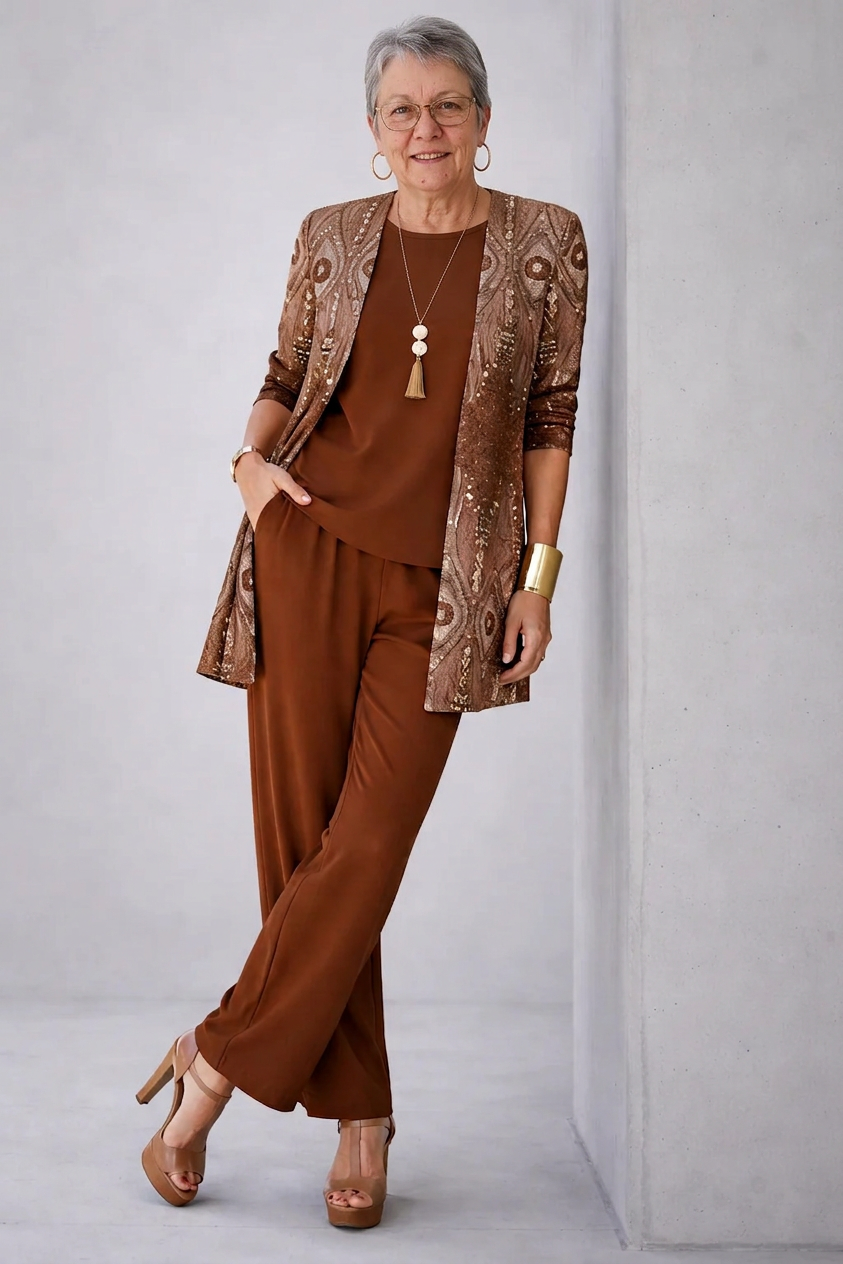 Glenna 3-piece set: brown sequin jacket, tan top, wide-leg trousers