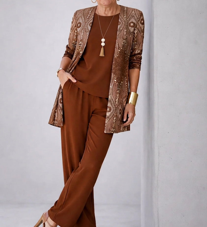 Glenna 3-piece set: brown sequin jacket, tan top, wide-leg trousers