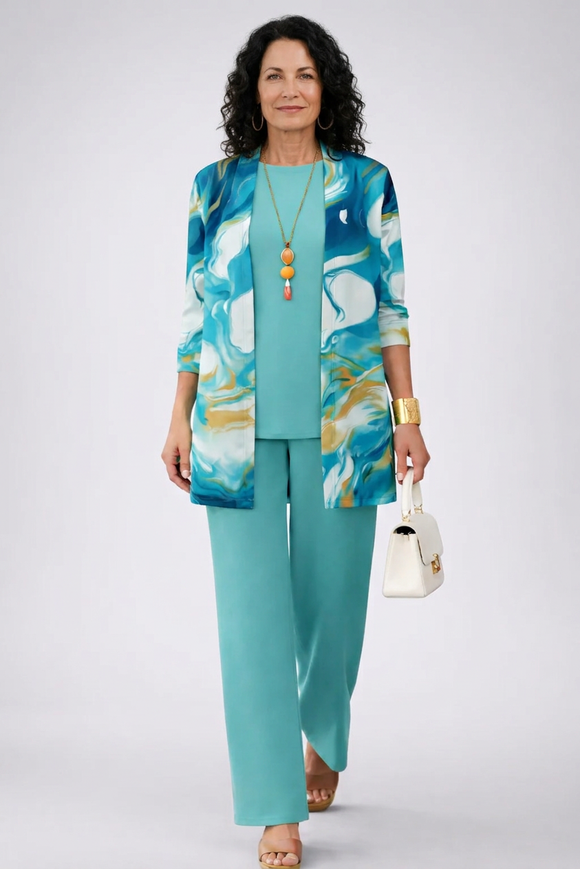 Three-piece blue set with printed open-front cardigan, sleeveless top, and wide-leg pants