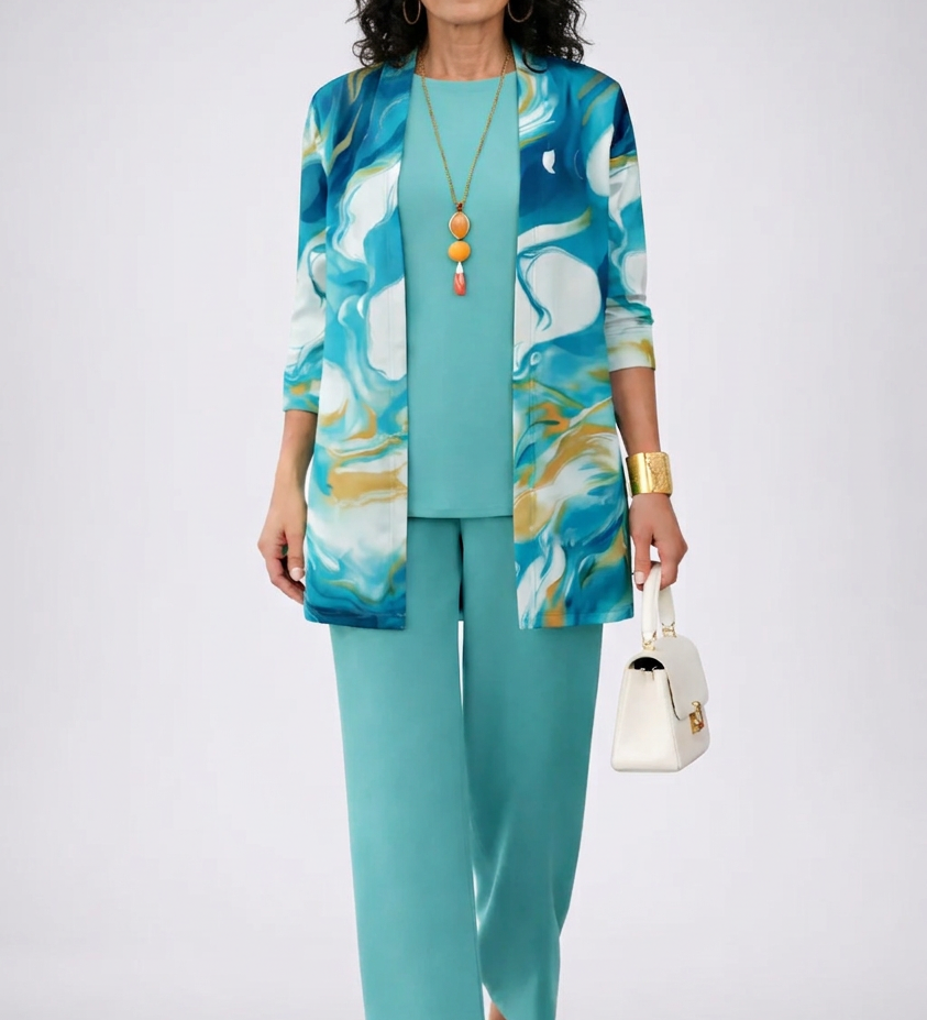 Three-piece blue set with printed open-front cardigan, sleeveless top, and wide-leg pants