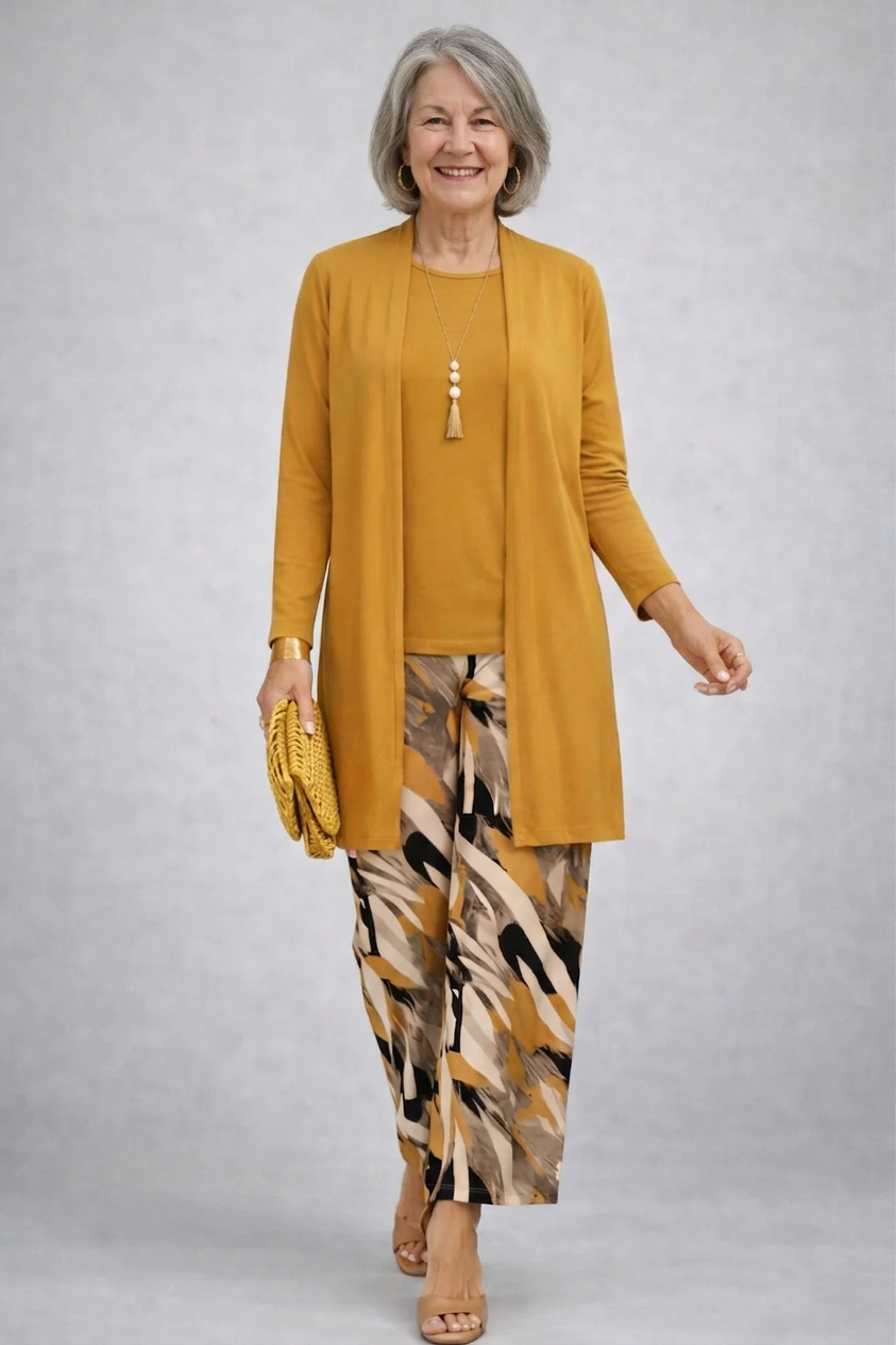 Faelina 3-piece set: mustard cardigan and patterned wide-leg pants