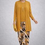 Faelina 3-piece set: mustard cardigan and patterned wide-leg pants