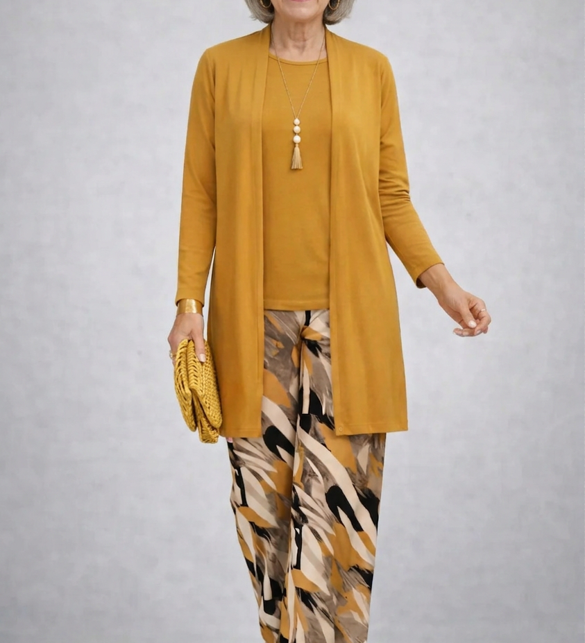 Faelina 3-piece set: mustard cardigan and patterned wide-leg pants