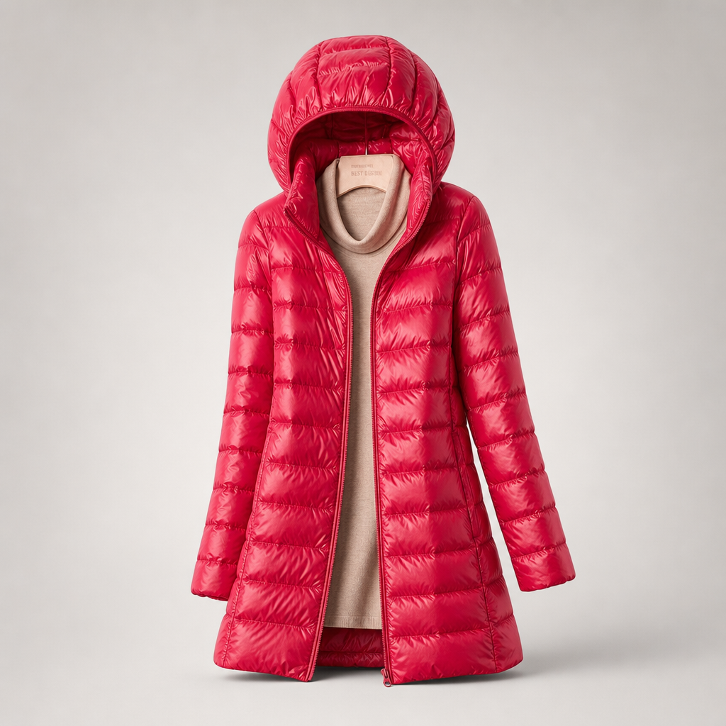 Quilted ultralight puffer jacket with hood, front zipper, pink; open collar lining