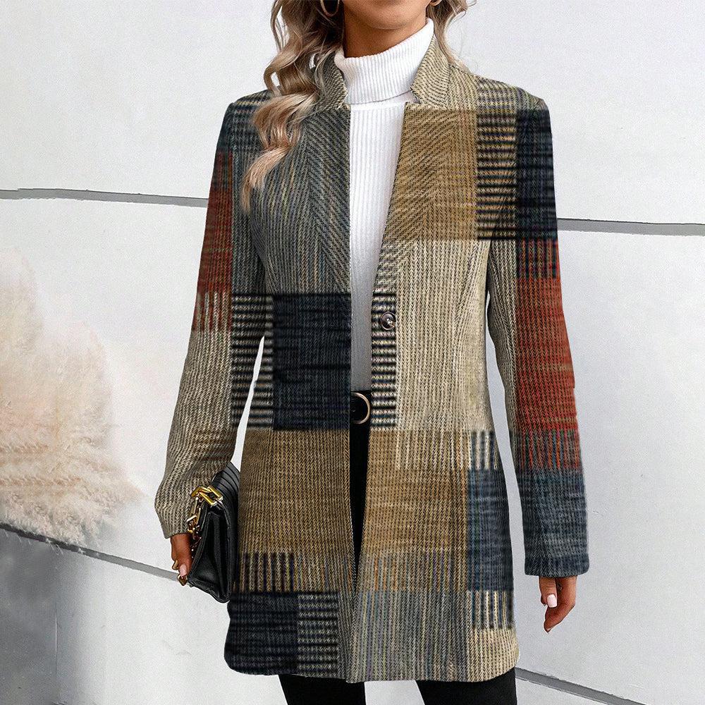 Multicolor plaid vintage-style blazer jacket with button front and long sleeves