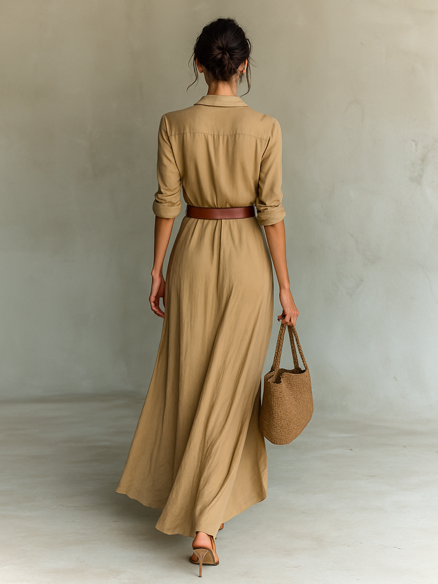 Khaki long-sleeve maxi dress with V-neck button front and belted gathered waist, back view