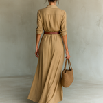 Khaki long-sleeve maxi dress with V-neck button front and belted gathered waist, back view
