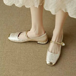 Eirene ballet flats in pale beige with gold toe cap and pearl ankle strap