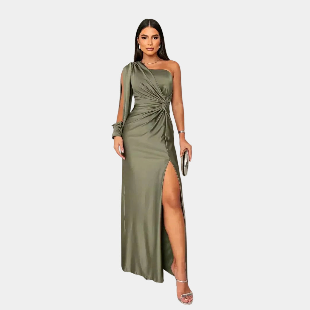 Olive one-shoulder maxi evening dress with side slit and ruched twist front