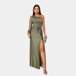 Olive one-shoulder maxi evening dress with side slit and ruched twist front