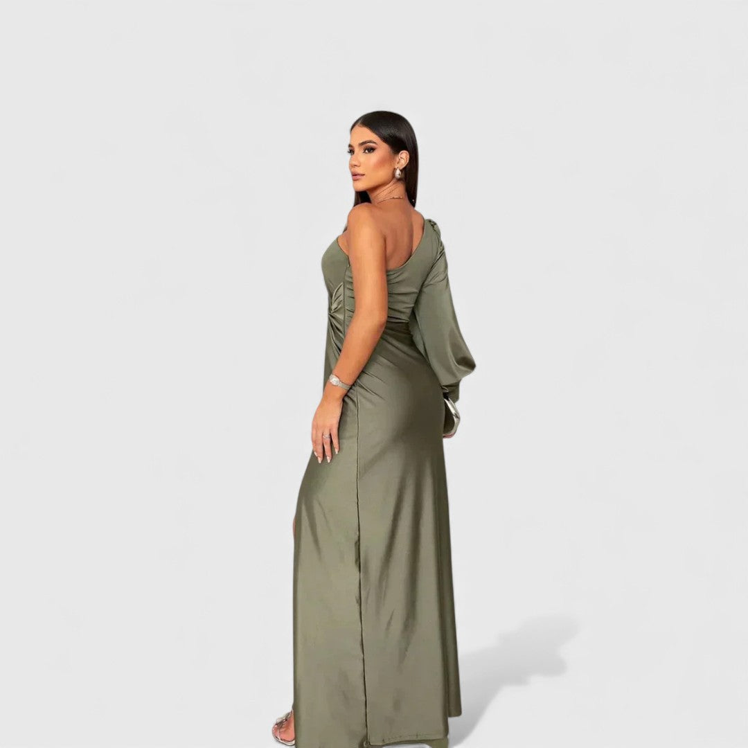 Olive one-shoulder satin-effect maxi dress with draped back and side slit
