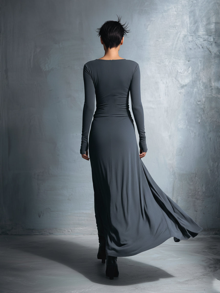 Charcoal gray maxi silk dress back view with long sleeves and knotted waist drape detail