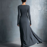 Charcoal gray maxi silk dress back view with long sleeves and knotted waist drape detail