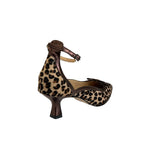 Leopard print high-heel pump with black ankle strap and textured heel