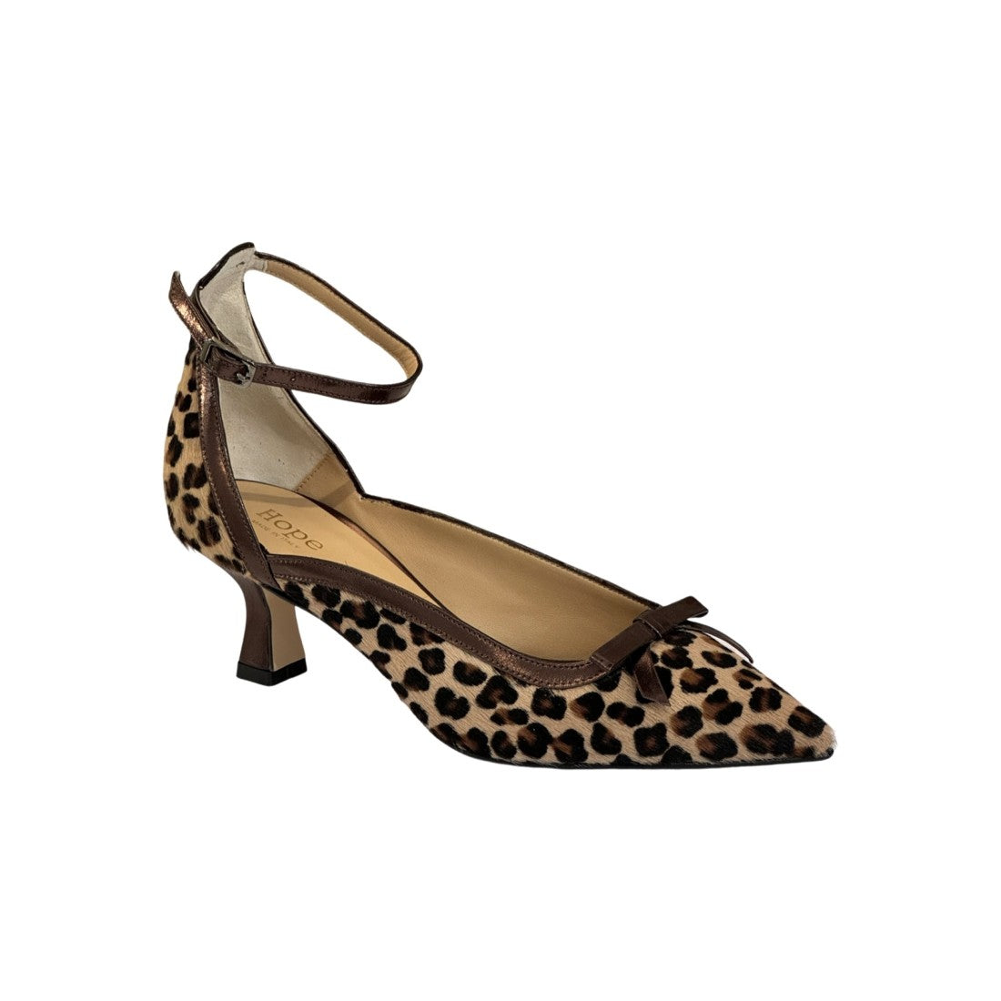 Leopard print high-heel pump shoe with black ankle strap and pointed toe
