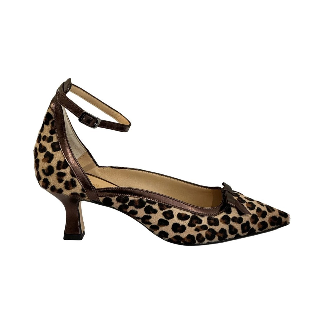 Leopard print high-heel pump with black ankle strap and low block heel
