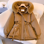 Khaki hooded puffer jacket with faux-fur trim, drawstring waist, and front pockets