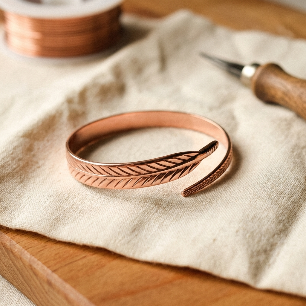 Doina Bucaresti copper cuff bracelet with engraved leaf pattern, adjustable open cuff
