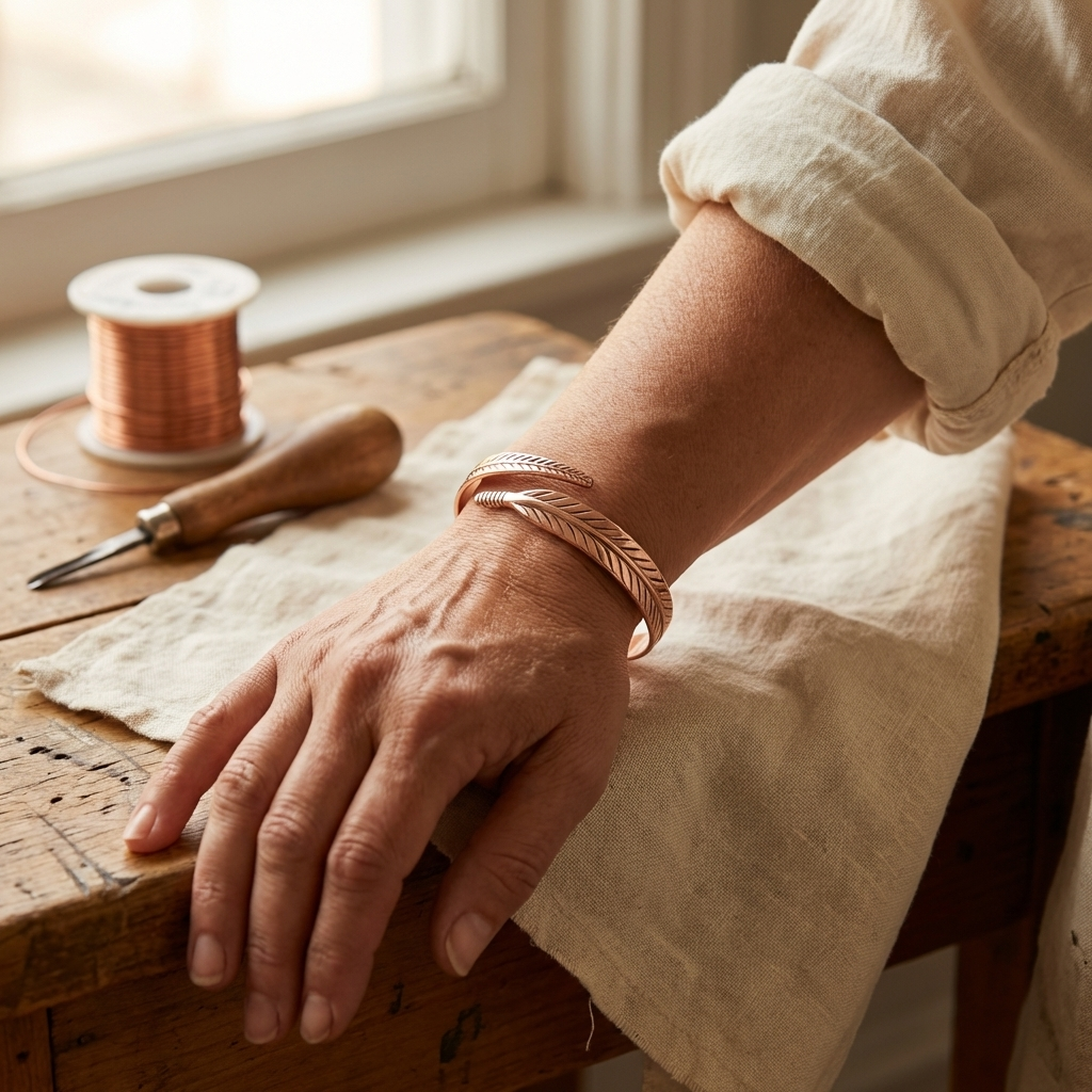 Copper cuff bracelet with engraved leaf design on a wrist, adjustable open cuff