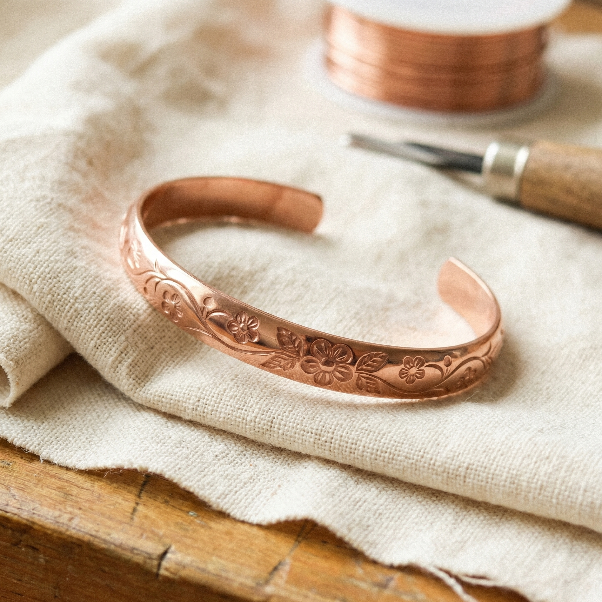 Copper cuff bracelet with engraved floral pattern, adjustable open design