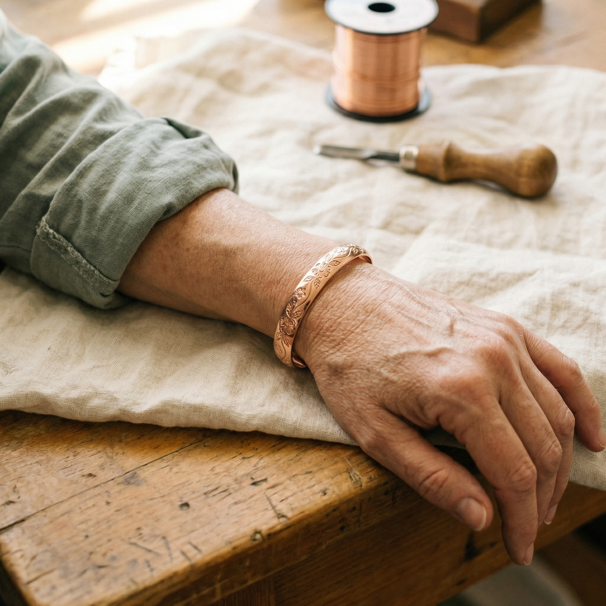 Copper cuff bracelet on wrist, engraved floral details along the band