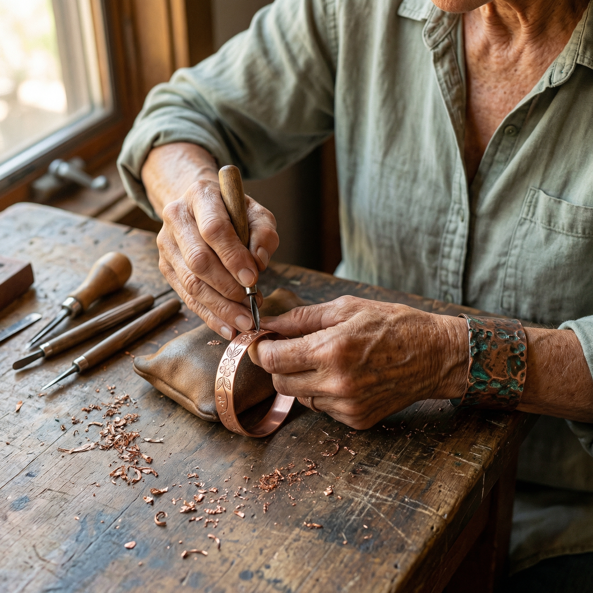 Copper cuff bracelet shown in hands, engraved floral band and open ends