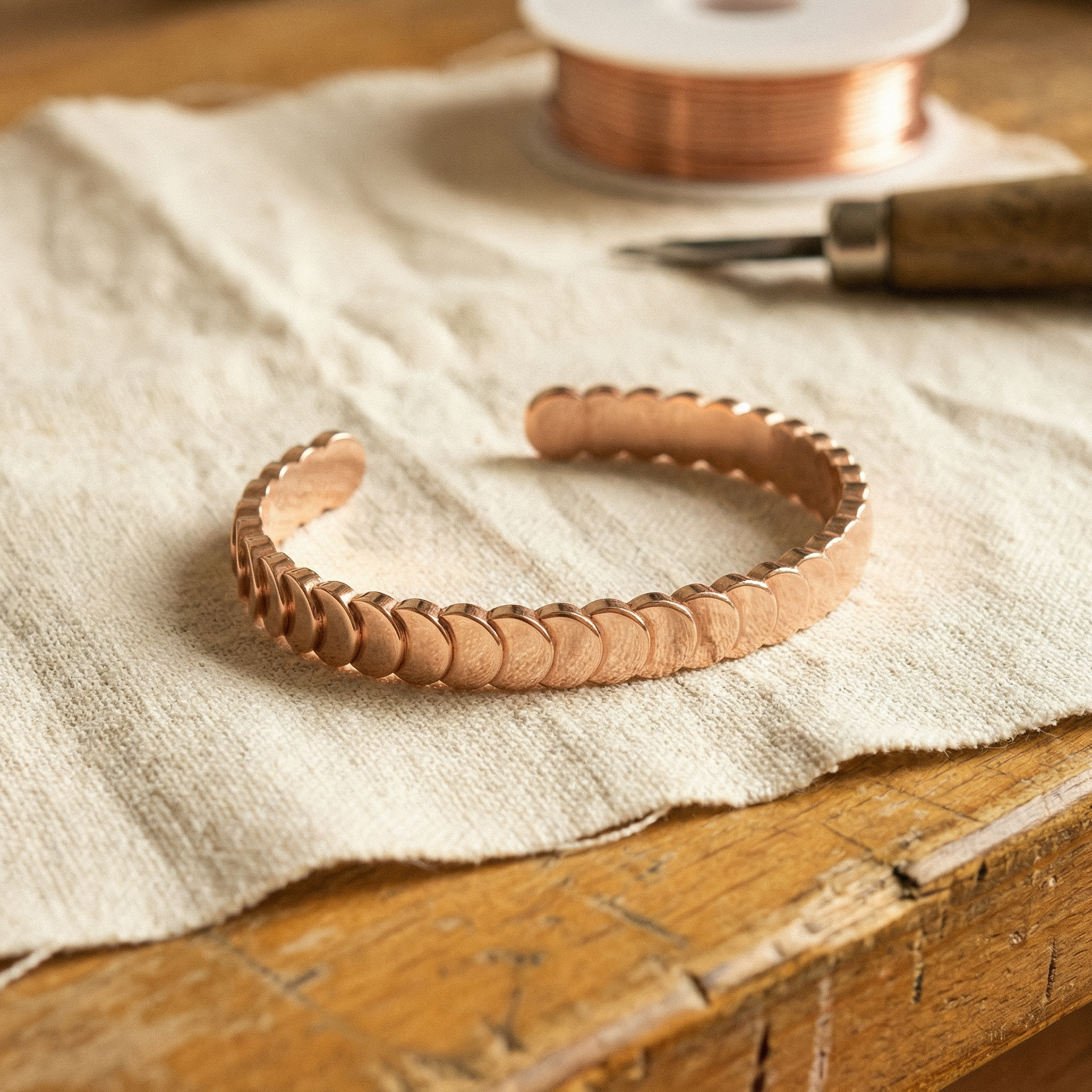 Copper bracelet with scalloped copper links, adjustable band, Doina Bucaresti