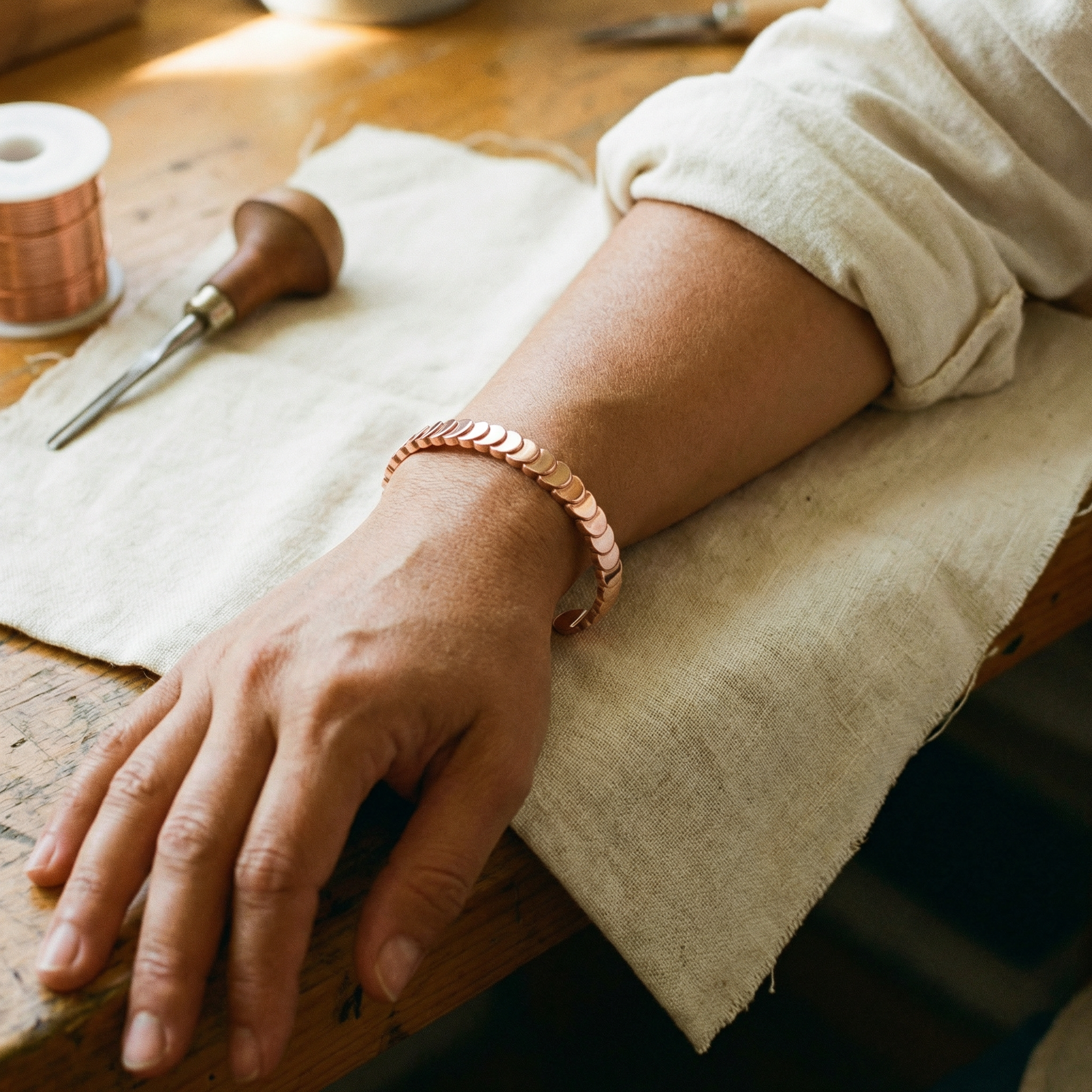 Copper bracelet on wrist, scalloped link design, adjustable fit, Doina Bucaresti