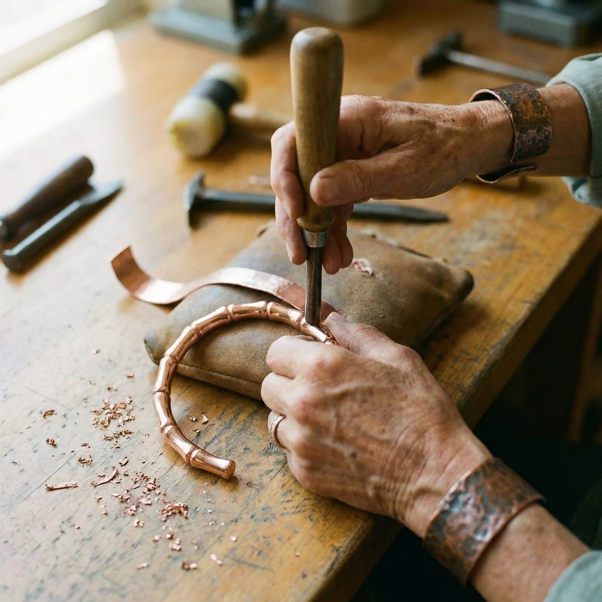 Doina Bucaresti Grove copper bracelet on workbench during metal shaping