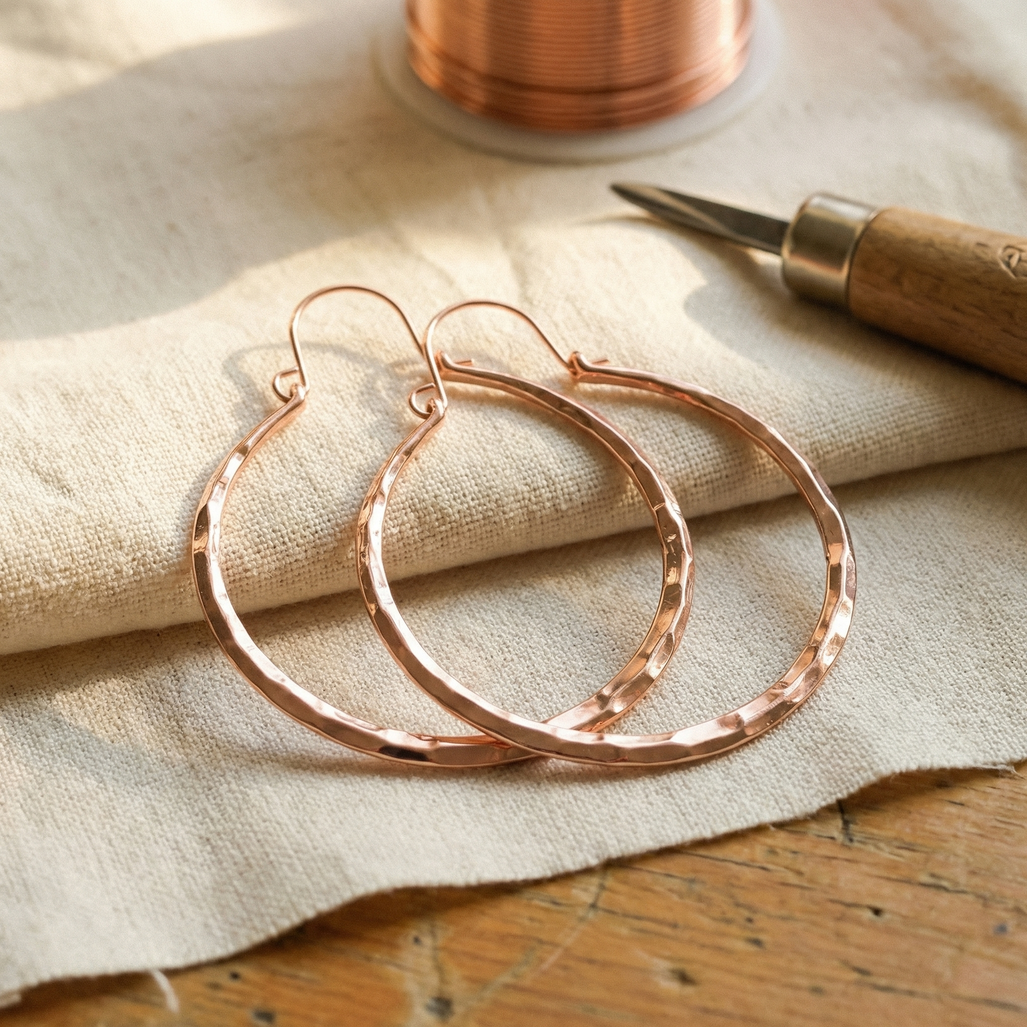 Copper hoop earrings with scalloped edge, rose-gold tone, open circle design