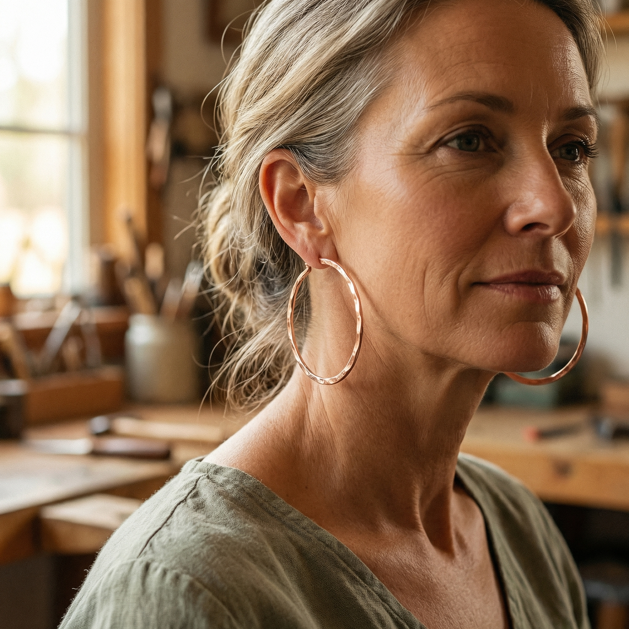 Copper hoop earrings on a model's ear, large rounded open circles