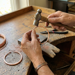 Copper hoop earring being shaped by hands at a workshop bench