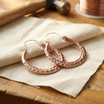 Doina Bucaresti copper wire hoop earrings, textured hammered pattern, for pierced ears